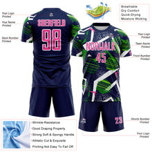Load image into Gallery viewer, Custom Navy Pink Green-White Geometric Asymmetry Shatter Sublimation Soccer Uniform Jersey