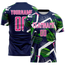 Load image into Gallery viewer, Custom Navy Pink Green-White Geometric Asymmetry Shatter Sublimation Soccer Uniform Jersey
