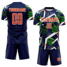 Laden Sie das Bild in den Galerie-Viewer, Custom Navy Orange Green-White Geometric Asymmetry Shatter Sublimation Soccer Uniform Jersey