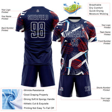 Load image into Gallery viewer, Custom Navy Red Blue-White Geometric Asymmetry Shatter Sublimation Soccer Uniform Jersey