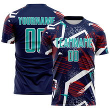 Laden Sie das Bild in den Galerie-Viewer, Custom Navy Aqua Red White-Black Geometric Asymmetry Shatter Sublimation Soccer Uniform Jersey