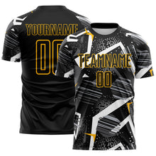 Load image into Gallery viewer, Custom Black Gray-Gold Geometric Asymmetry Shatter Sublimation Soccer Uniform Jersey