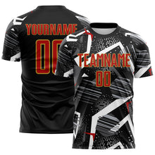 Load image into Gallery viewer, Custom Black Red Gray-Old Gold Geometric Asymmetry Shatter Sublimation Soccer Uniform Jersey