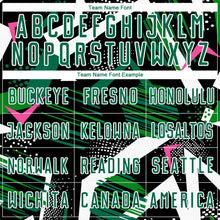 Laden Sie das Bild in den Galerie-Viewer, Custom Black Kelly Green Pink-White Geometric Asymmetry Shatter Sublimation Soccer Uniform Jersey