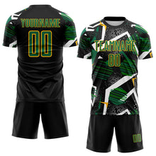 Laden Sie das Bild in den Galerie-Viewer, Custom Black Kelly Green White-Gold Geometric Asymmetry Shatter Sublimation Soccer Uniform Jersey