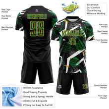 Laden Sie das Bild in den Galerie-Viewer, Custom Black Kelly Green White-Gold Geometric Asymmetry Shatter Sublimation Soccer Uniform Jersey