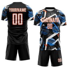 Load image into Gallery viewer, Custom Black White Blue-Orange Geometric Asymmetry Shatter Sublimation Soccer Uniform Jersey