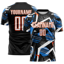 Load image into Gallery viewer, Custom Black White Blue-Orange Geometric Asymmetry Shatter Sublimation Soccer Uniform Jersey