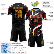 Laden Sie das Bild in den Galerie-Viewer, Custom Black Crimson White-Gold Geometric Asymmetry Shatter Sublimation Soccer Uniform Jersey