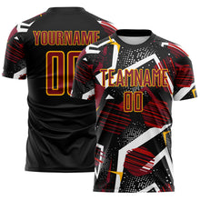 Laden Sie das Bild in den Galerie-Viewer, Custom Black Crimson White-Gold Geometric Asymmetry Shatter Sublimation Soccer Uniform Jersey