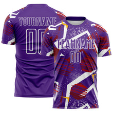 Laden Sie das Bild in den Galerie-Viewer, Custom Purple Red Gold-White Geometric Asymmetry Shatter Sublimation Soccer Uniform Jersey