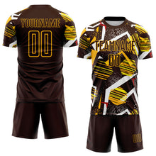 Load image into Gallery viewer, Custom Brown Red White-Gold Geometric Asymmetry Shatter Sublimation Soccer Uniform Jersey