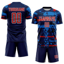 Load image into Gallery viewer, Custom Navy Red Blue-White Abstract Geometric Stripe Fragment Sublimation Soccer Uniform Jersey