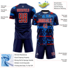 Load image into Gallery viewer, Custom Navy Red Blue-White Abstract Geometric Stripe Fragment Sublimation Soccer Uniform Jersey