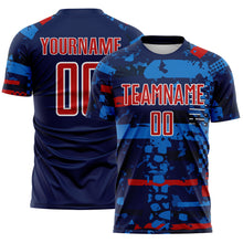 Load image into Gallery viewer, Custom Navy Red Blue-White Abstract Geometric Stripe Fragment Sublimation Soccer Uniform Jersey