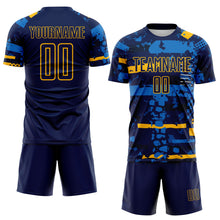 Load image into Gallery viewer, Custom Navy Gold-Blue Abstract Geometric Stripe Fragment Sublimation Soccer Uniform Jersey