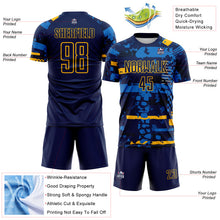 Load image into Gallery viewer, Custom Navy Gold-Blue Abstract Geometric Stripe Fragment Sublimation Soccer Uniform Jersey