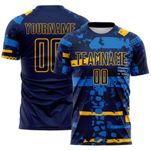 Load image into Gallery viewer, Custom Navy Gold-Blue Abstract Geometric Stripe Fragment Sublimation Soccer Uniform Jersey