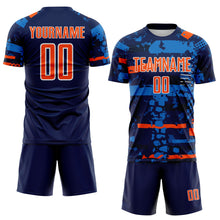 Load image into Gallery viewer, Custom Navy Orange Blue-White Abstract Geometric Stripe Fragment Sublimation Soccer Uniform Jersey