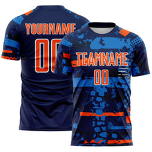 Load image into Gallery viewer, Custom Navy Orange Blue-White Abstract Geometric Stripe Fragment Sublimation Soccer Uniform Jersey