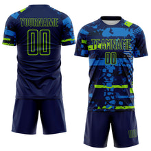 Load image into Gallery viewer, Custom Navy Neon Green-Blue Abstract Geometric Stripe Fragment Sublimation Soccer Uniform Jersey