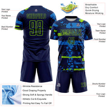 Load image into Gallery viewer, Custom Navy Neon Green-Blue Abstract Geometric Stripe Fragment Sublimation Soccer Uniform Jersey