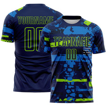 Load image into Gallery viewer, Custom Navy Neon Green-Blue Abstract Geometric Stripe Fragment Sublimation Soccer Uniform Jersey