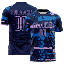 Load image into Gallery viewer, Custom Navy Light Purple-Blue Abstract Geometric Stripe Fragment Sublimation Soccer Uniform Jersey