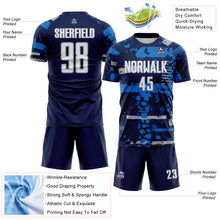 Load image into Gallery viewer, Custom Navy White Gray-Blue Abstract Geometric Stripe Fragment Sublimation Soccer Uniform Jersey