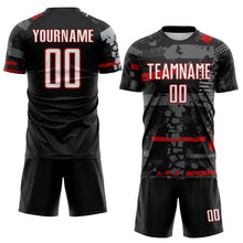 Laden Sie das Bild in den Galerie-Viewer, Custom Black White Red-Gray Abstract Geometric Stripe Fragment Sublimation Soccer Uniform Jersey
