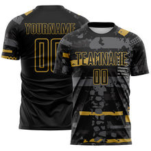 Load image into Gallery viewer, Custom Black Old Gold-Gray Abstract Geometric Stripe Fragment Sublimation Soccer Uniform Jersey