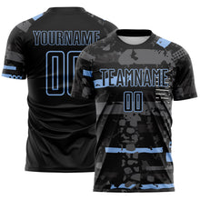 Load image into Gallery viewer, Custom Black Light Blue-Gray Abstract Geometric Stripe Fragment Sublimation Soccer Uniform Jersey