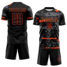 Load image into Gallery viewer, Custom Black Orange-Gray Abstract Geometric Stripe Fragment Sublimation Soccer Uniform Jersey