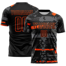 Load image into Gallery viewer, Custom Black Orange-Gray Abstract Geometric Stripe Fragment Sublimation Soccer Uniform Jersey