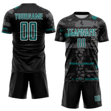 Load image into Gallery viewer, Custom Black Teal Gray-White Abstract Geometric Stripe Fragment Sublimation Soccer Uniform Jersey