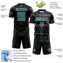 Load image into Gallery viewer, Custom Black Teal Gray-White Abstract Geometric Stripe Fragment Sublimation Soccer Uniform Jersey
