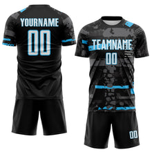 Laden Sie das Bild in den Galerie-Viewer, Custom Black White Sky Blue-Gray Abstract Geometric Stripe Fragment Sublimation Soccer Uniform Jersey