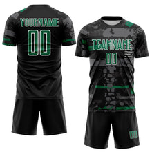 Laden Sie das Bild in den Galerie-Viewer, Custom Black Kelly Green Gray-White Abstract Geometric Stripe Fragment Sublimation Soccer Uniform Jersey