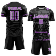 Load image into Gallery viewer, Custom Black Medium Purple Gray-White Abstract Geometric Stripe Fragment Sublimation Soccer Uniform Jersey
