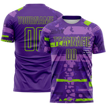 Load image into Gallery viewer, Custom Purple-Neon Green Abstract Geometric Stripe Fragment Sublimation Soccer Uniform Jersey