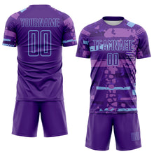 Load image into Gallery viewer, Custom Purple-Light Blue Abstract Geometric Stripe Fragment Sublimation Soccer Uniform Jersey
