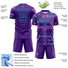 Laden Sie das Bild in den Galerie-Viewer, Custom Purple Aqua-Green Abstract Geometric Stripe Fragment Sublimation Soccer Uniform Jersey