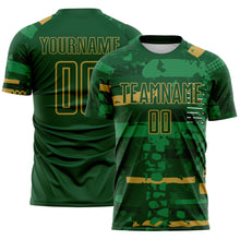 Charger l'image dans la galerie, Custom Green-Old Gold Abstract Geometric Stripe Fragment Sublimation Soccer Uniform Jersey