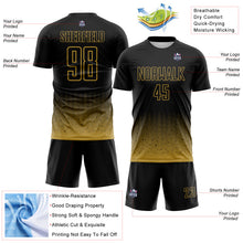 Laden Sie das Bild in den Galerie-Viewer, Custom Black-Old Gold Fade Wave Lines Splatter Sublimation Soccer Uniform Jersey