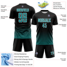 Laden Sie das Bild in den Galerie-Viewer, Custom Black Teal-White Fade Wave Lines Splatter Sublimation Soccer Uniform Jersey