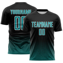 Laden Sie das Bild in den Galerie-Viewer, Custom Black Teal-White Fade Wave Lines Splatter Sublimation Soccer Uniform Jersey