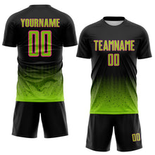 Laden Sie das Bild in den Galerie-Viewer, Custom Black Neon Green-Pink Fade Wave Lines Splatter Sublimation Soccer Uniform Jersey