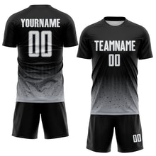Laden Sie das Bild in den Galerie-Viewer, Custom Black White-Gray Fade Wave Lines Splatter Sublimation Soccer Uniform Jersey