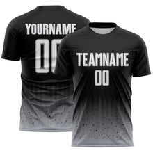 Laden Sie das Bild in den Galerie-Viewer, Custom Black White-Gray Fade Wave Lines Splatter Sublimation Soccer Uniform Jersey