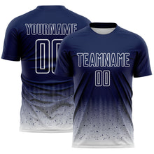 Laden Sie das Bild in den Galerie-Viewer, Custom Navy-White Fade Wave Lines Splatter Sublimation Soccer Uniform Jersey